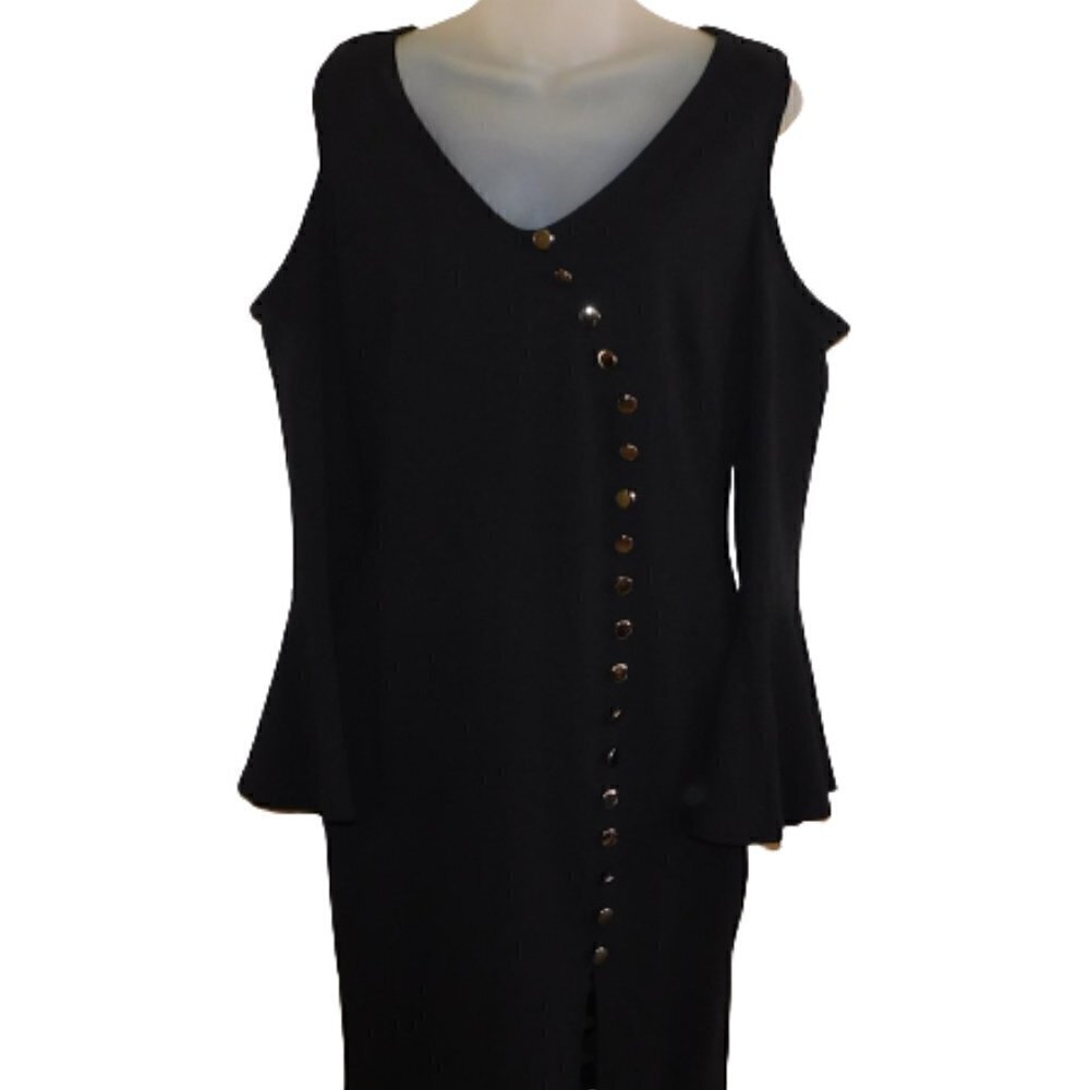 VENUS Black Bell Sleeve Asymmetric-Button Bodycon Dress‎ sz M New